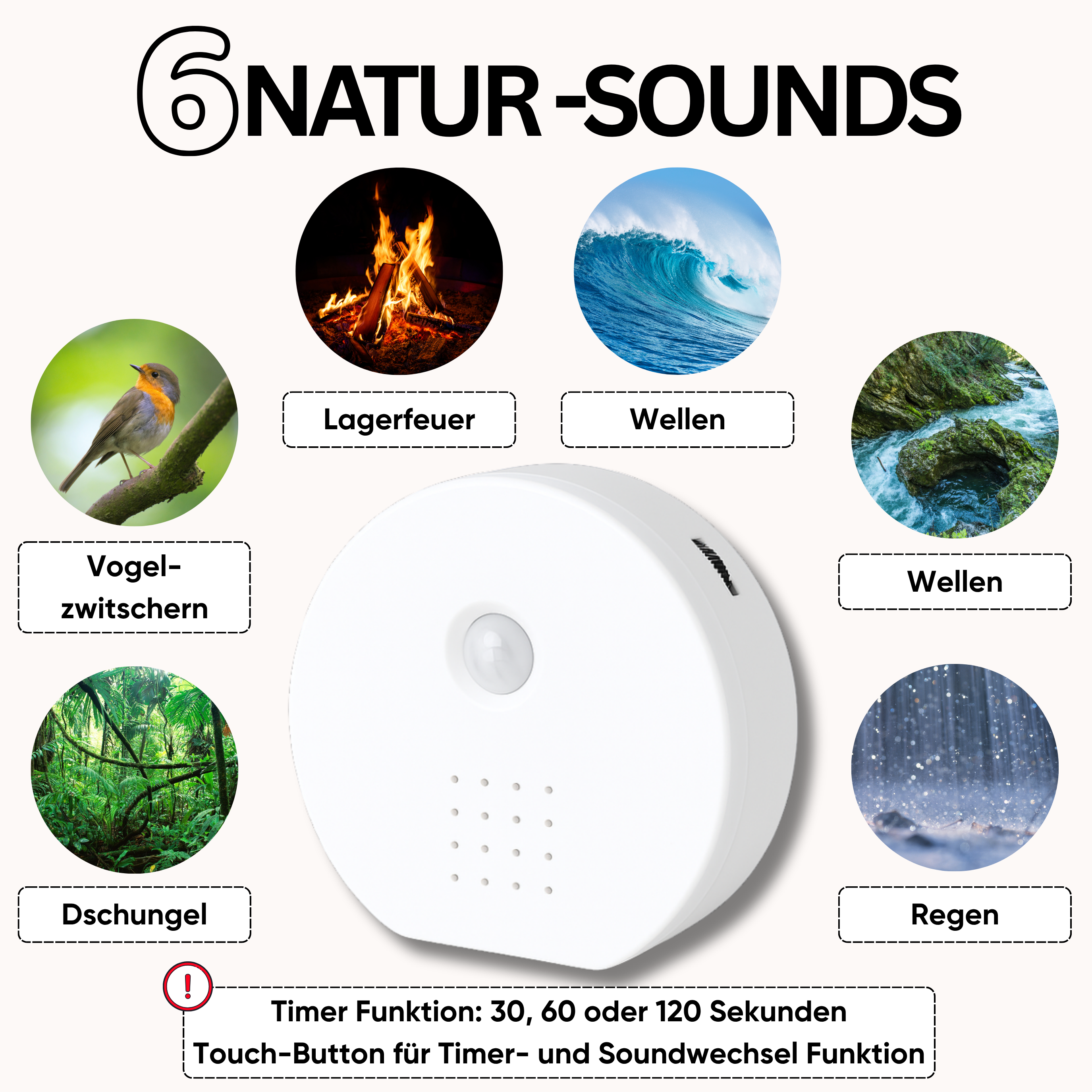 Nature sounds sound box with motion sensor – 6 soothing sounds, timer & volume control, bird chirping box