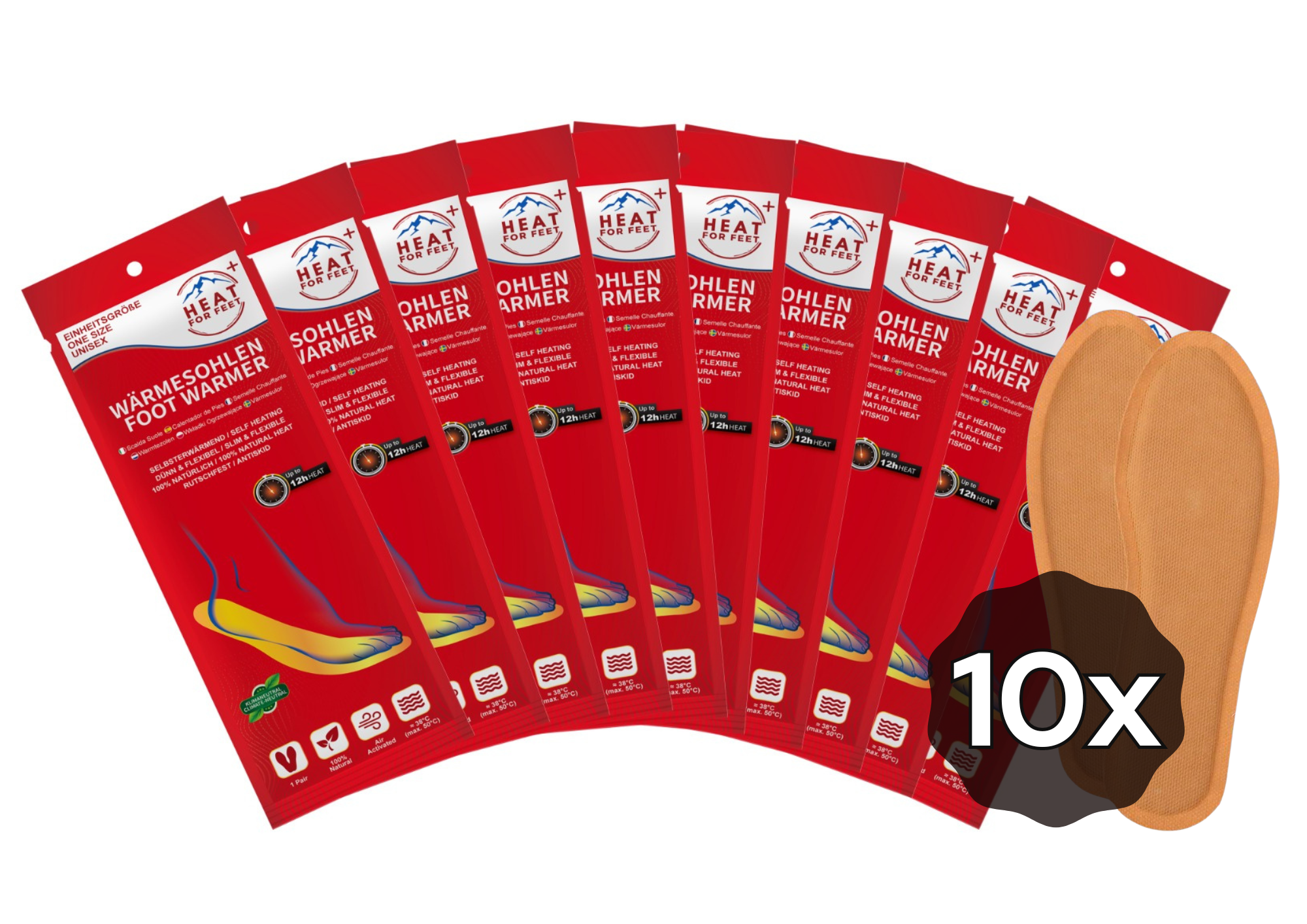 Heat for Feet, 10 pairs of heated insoles, up to 12 hours of warmth, one size fits all (36-46), thin & flexible, insole warmers, instant warming insoles, shoe warmers