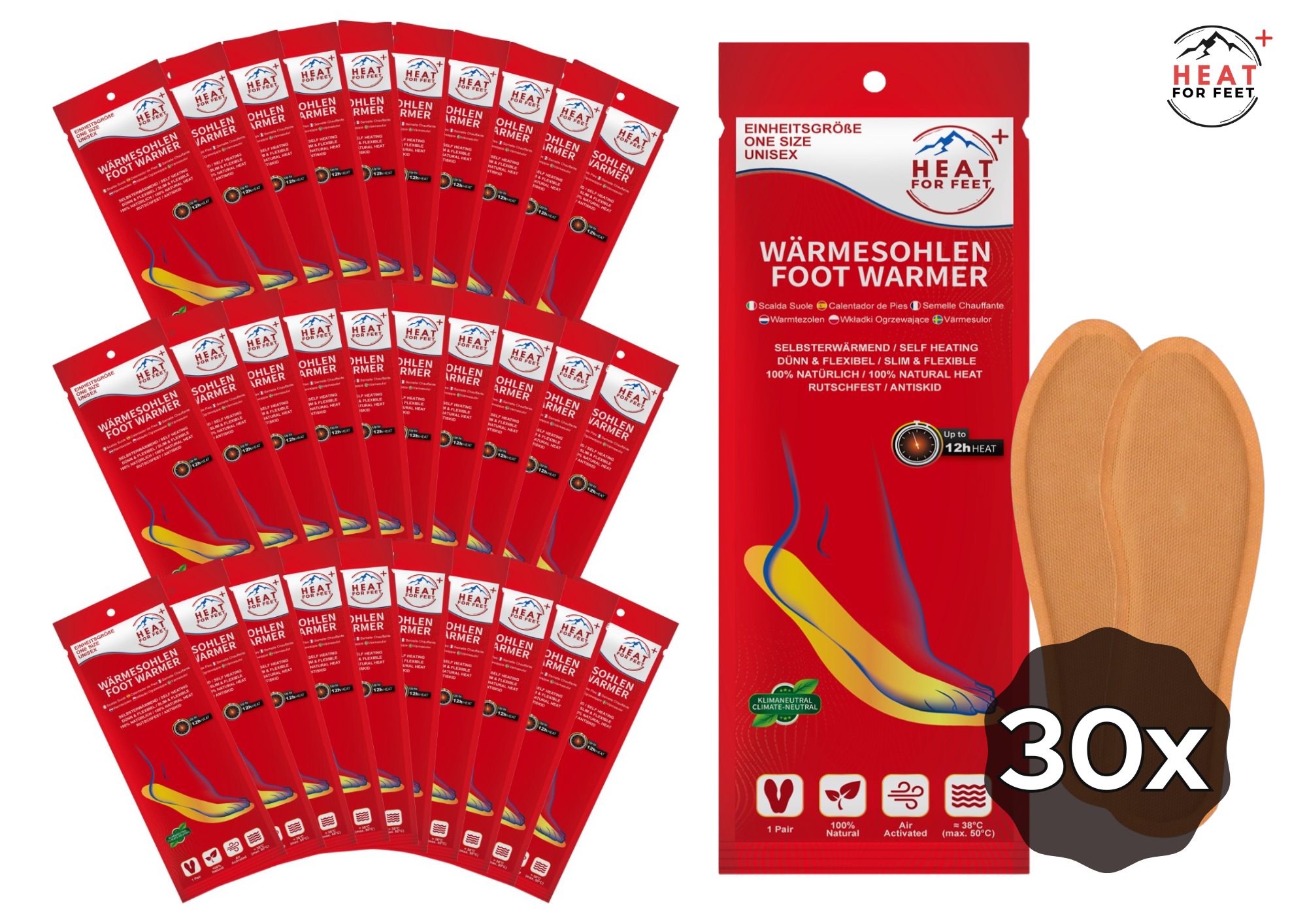 Heat for Feet, 10 pairs of heated insoles, up to 12 hours of warmth, one size fits all (36-46), thin & flexible, insole warmers, instant warming insoles, shoe warmers