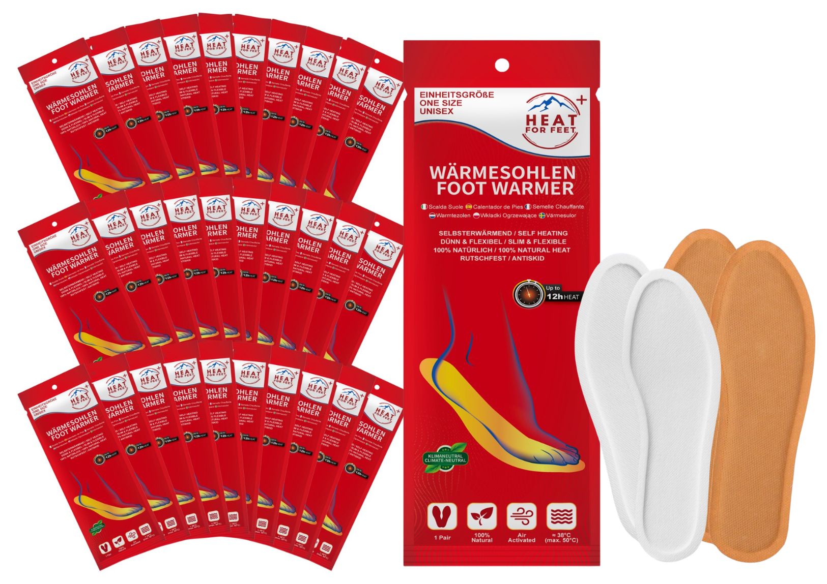 Heat for Feet, 10 pairs of heated insoles, up to 12 hours of warmth, one size fits all (36-46), thin & flexible, insole warmers, instant warming insoles, shoe warmers